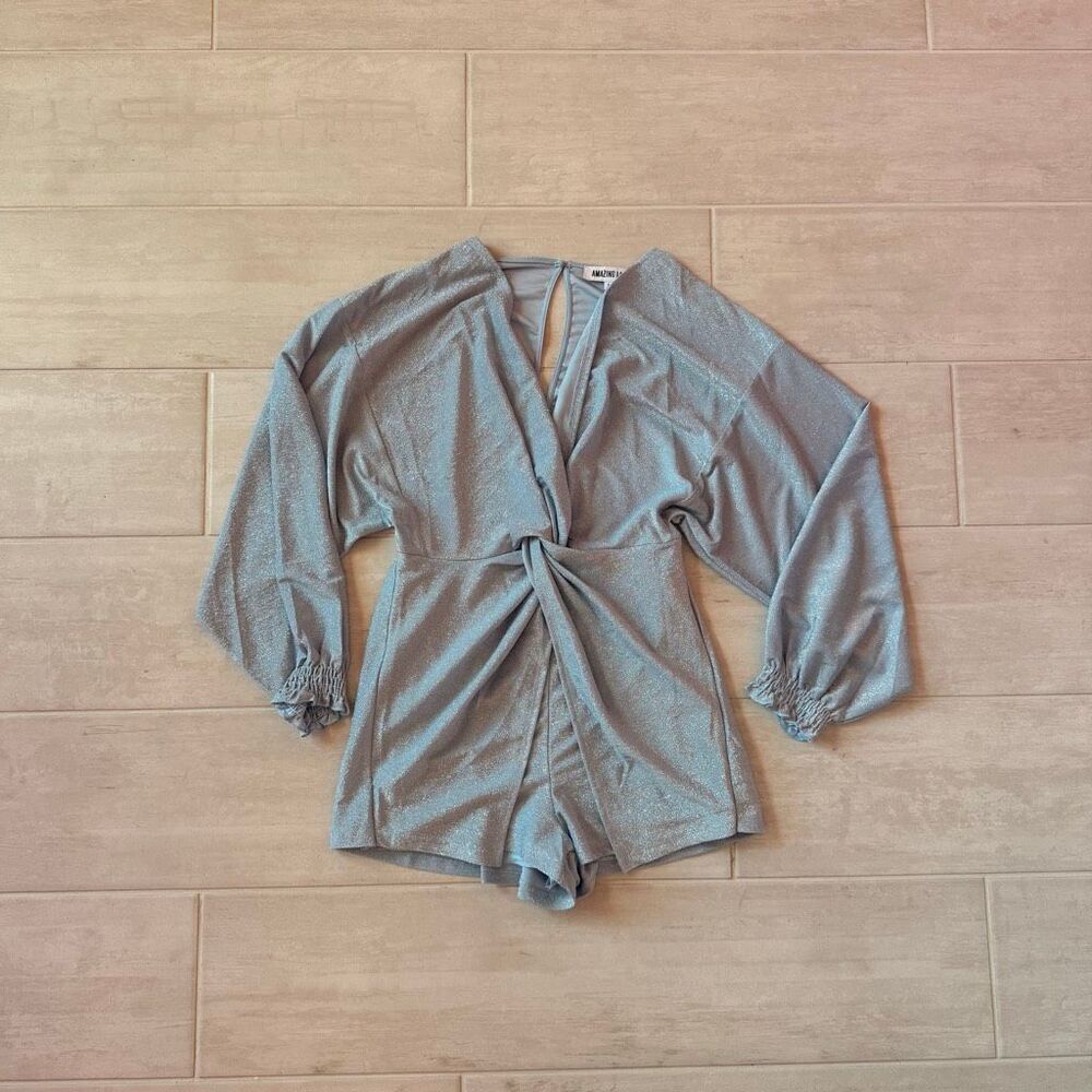 Amazing Lace Romper Blue Shorts Long Sleeve Glitter Thread Sparkly Shimmer Large